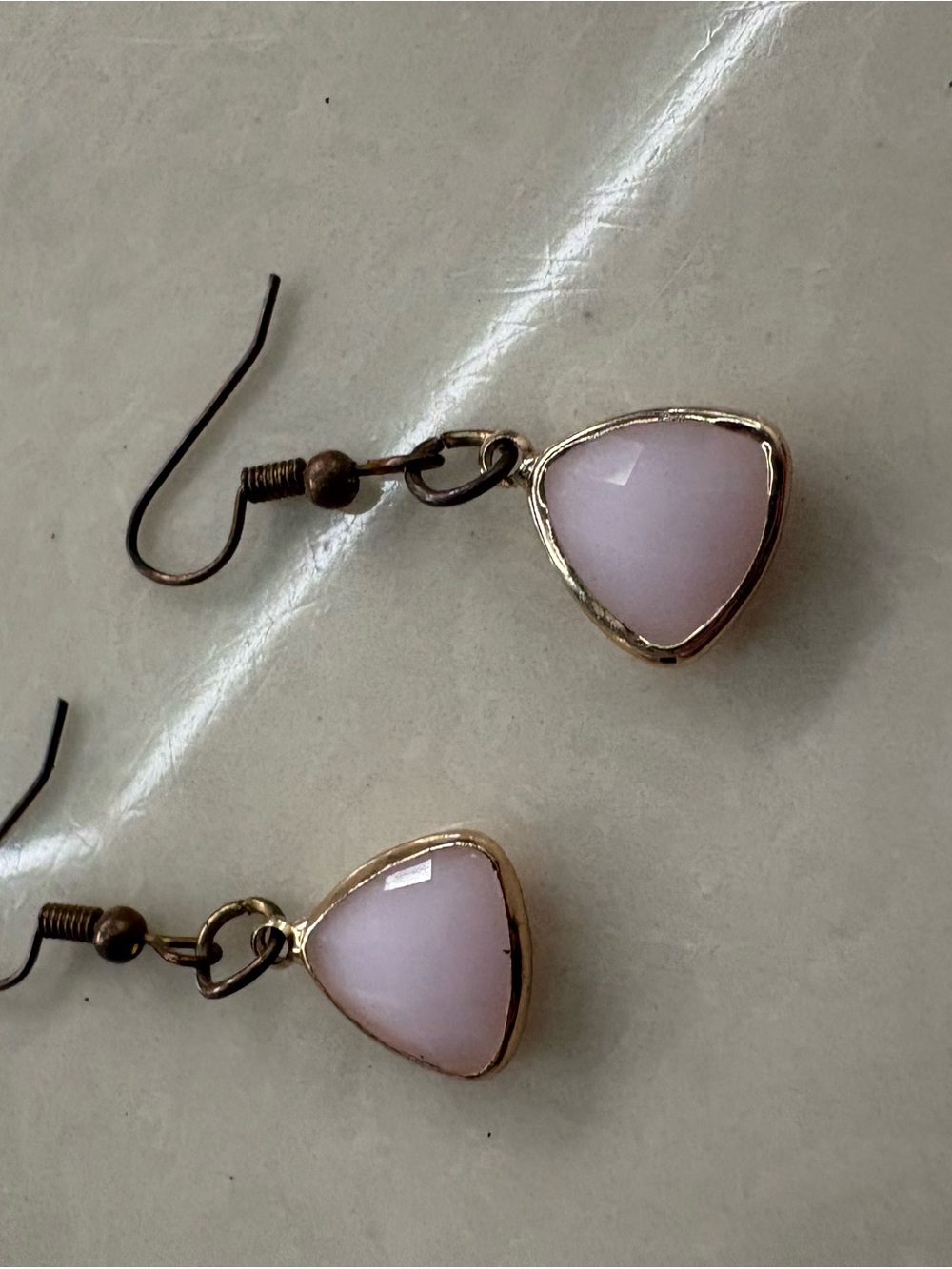 Delicate Pink Triangle Drop Earrings - Gold Frame vintage